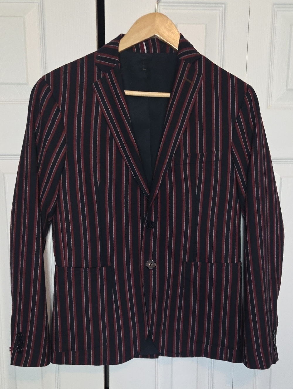 Zara Navy Blazer with Burgundy and Cream Pinstripes